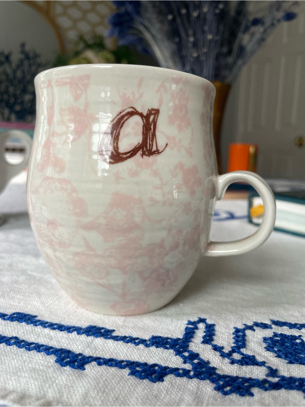 Anthropologie Pink Floral Monogram 'a' Ceramic Mug
